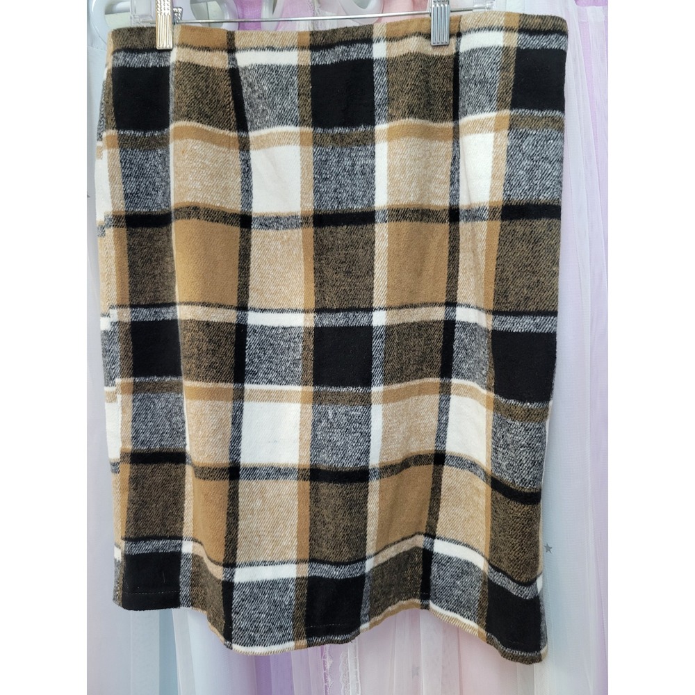 iii Womens XL Plaid Wool Blend Pencil Skirt Tan Black White Lined Kn Length 1005
